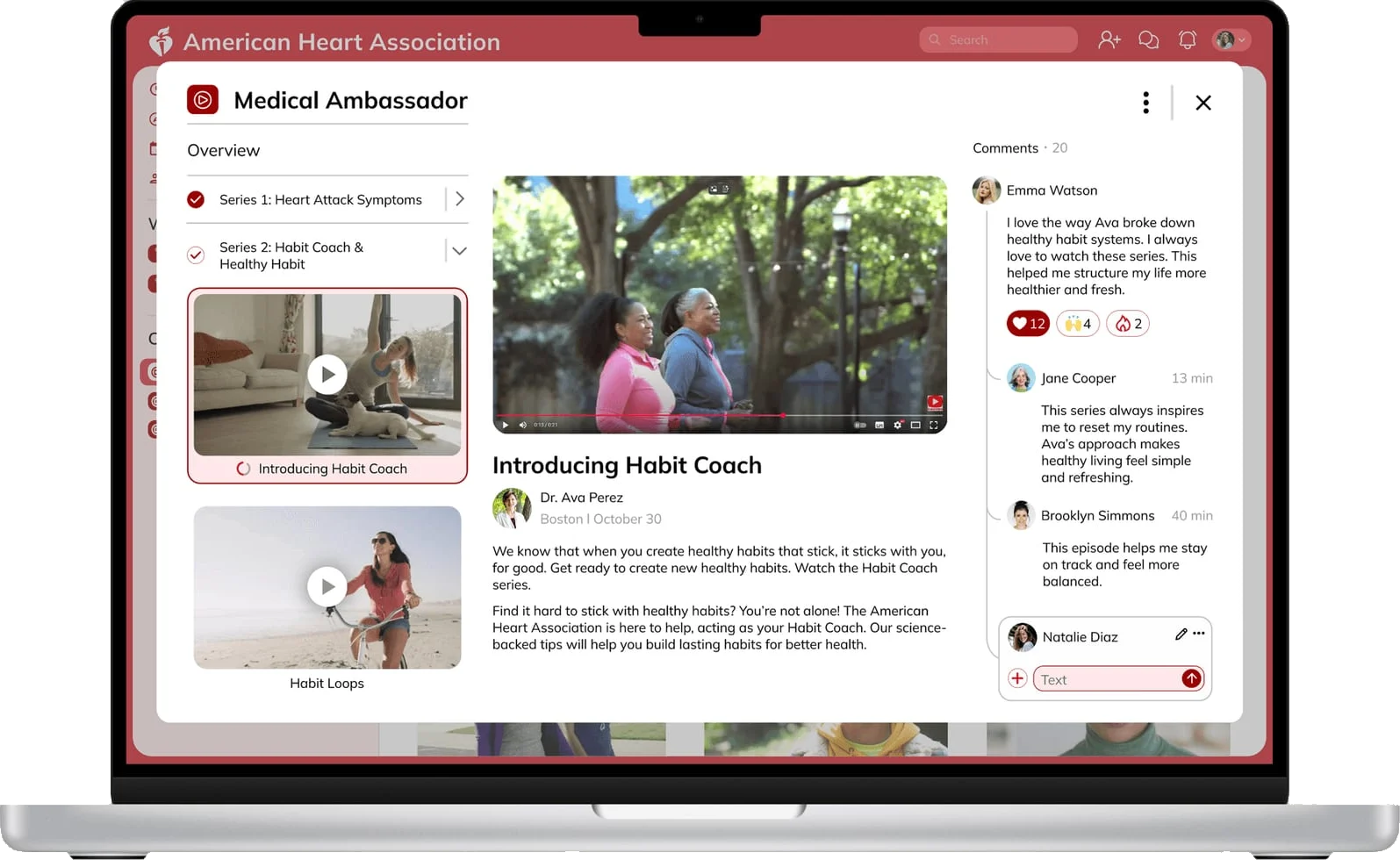 Fig. 06 — Medical Ambassador: a series page with the episode, the coach, and the comments beside it