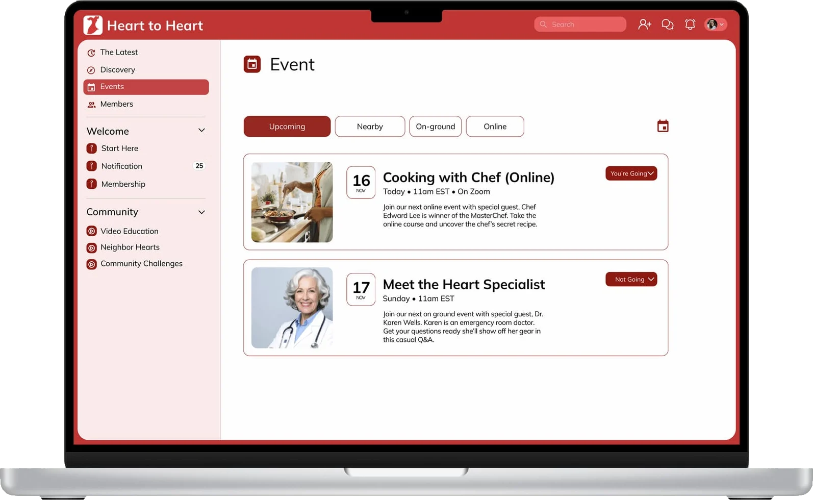 Fig. 07 — Events, upcoming and on-ground · a live session with the community feed