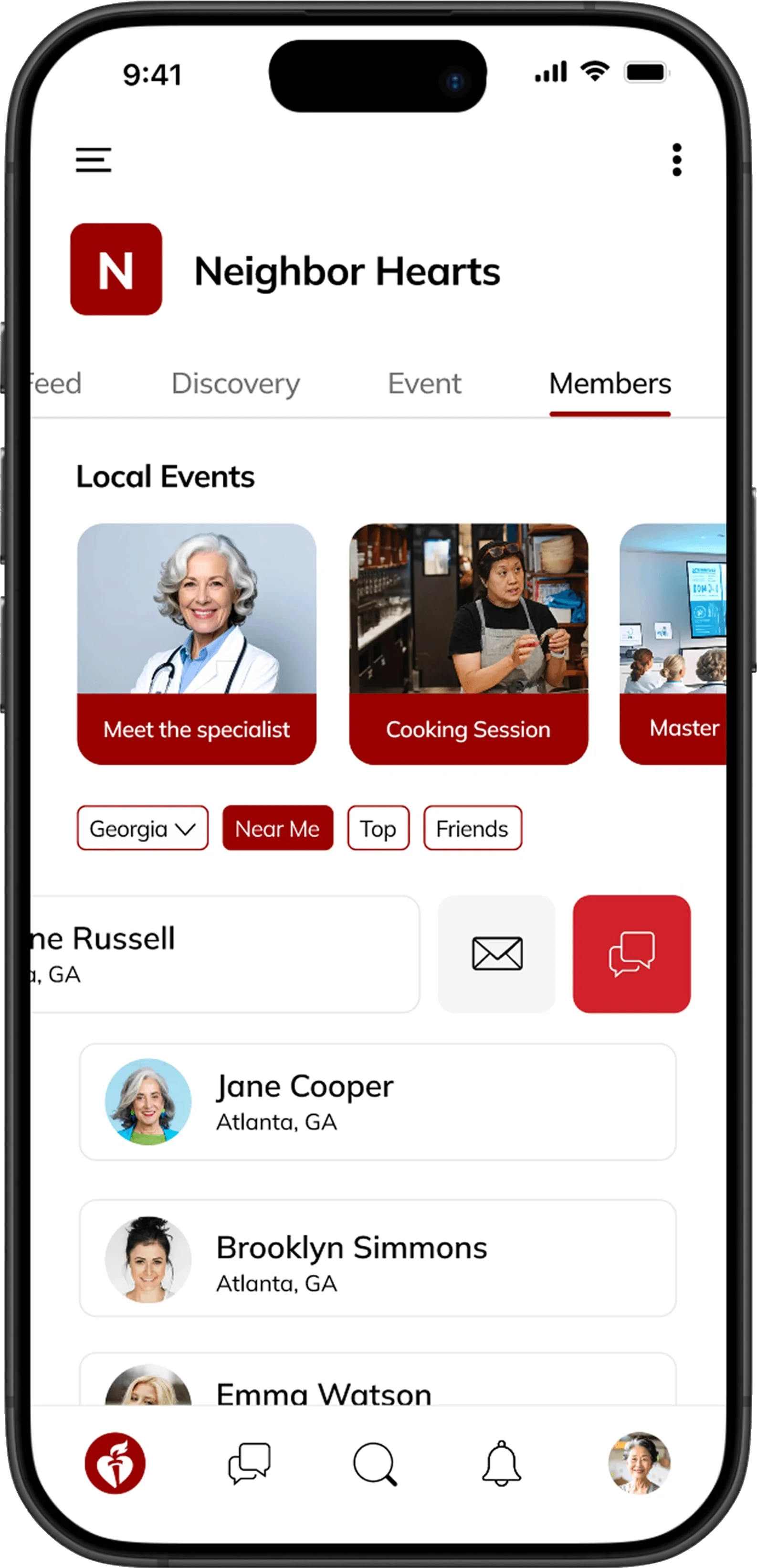 Fig. 05 — Neighbor Hearts: local events, members nearby, event detail, conversation