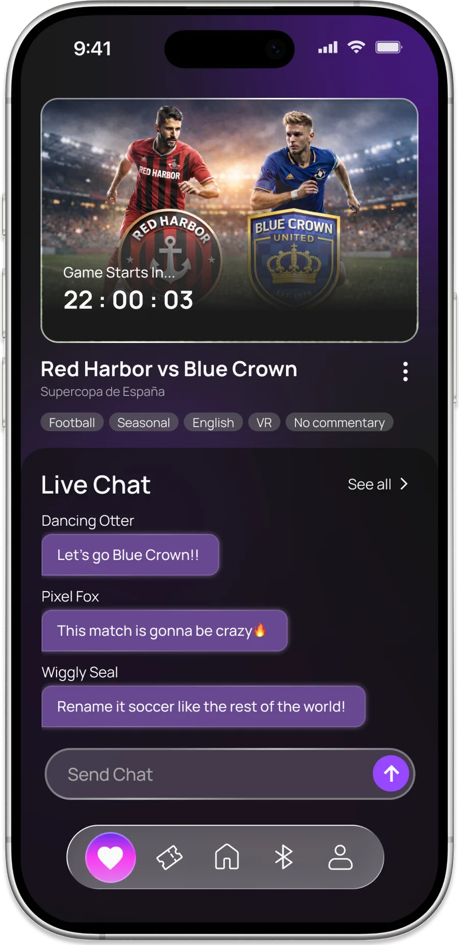 Fig. 05 — Waiting room: countdown, event description, live chat · Live chat expanded · Profile: history, liked videos, learn more about VR