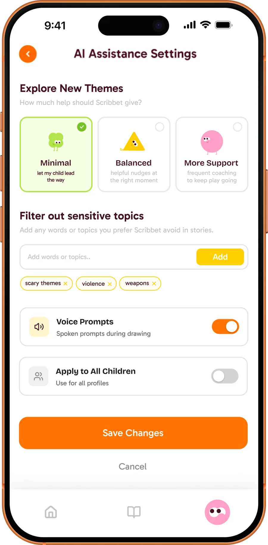 Fig. 08 — AI Assistance Settings: Minimal, Balanced, or More Support, each with a face; sensitive topics as chips; voice prompts