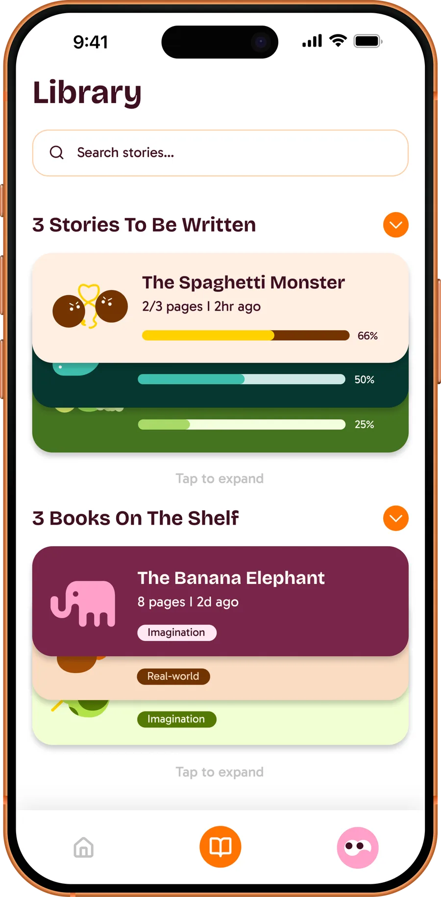 Library: Stories to be written, with progress, and Books on the shelf