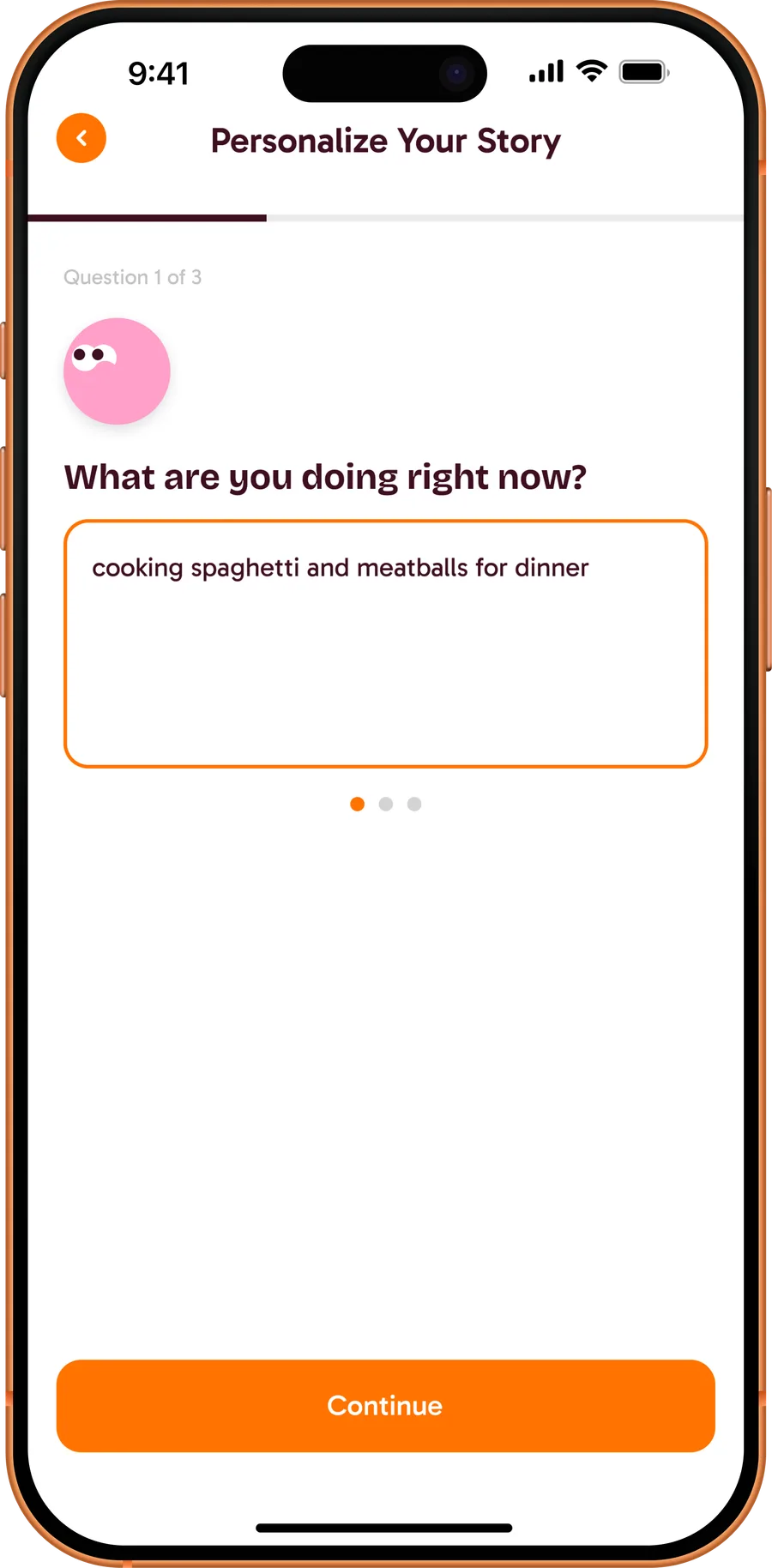 Personalise: three questions about right now — "cooking spaghetti and meatballs for dinner"