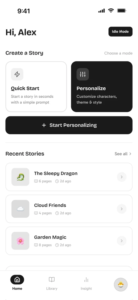 Fig. 05 — Early wireframes: home with two equal mode tiles, content settings with time limits and parent approval, and a library split into unfinished and completed