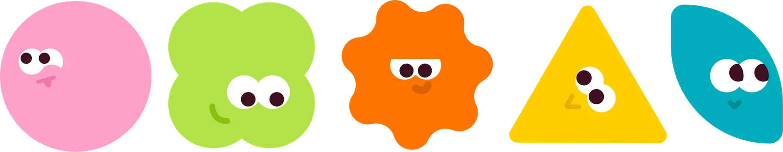 Fig. 06 — The five: a circle, a clover, a splat, a triangle, and a leaf. They became the app's avatars, the AI-level icons, and the tablet's buttons